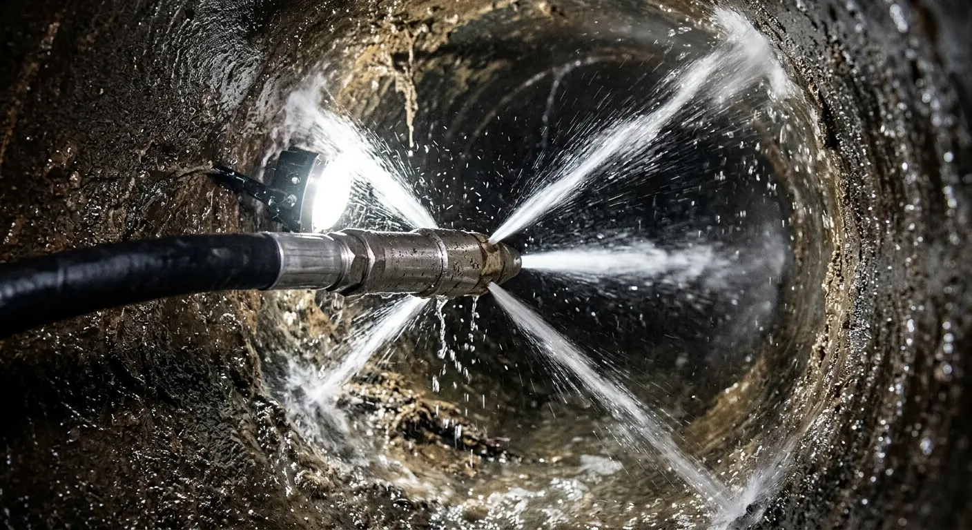 High-pressure hydro jetting nozzle cleaning sewer pipe for Sewer Line Relining in South Hill