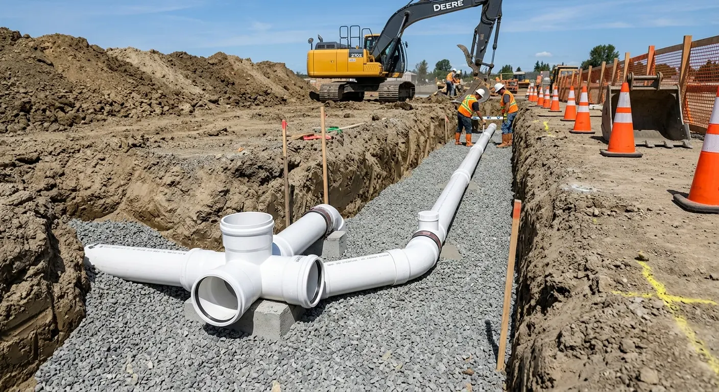New PVC sewer pipe installation in open trench for Sewer Backup in South Hill