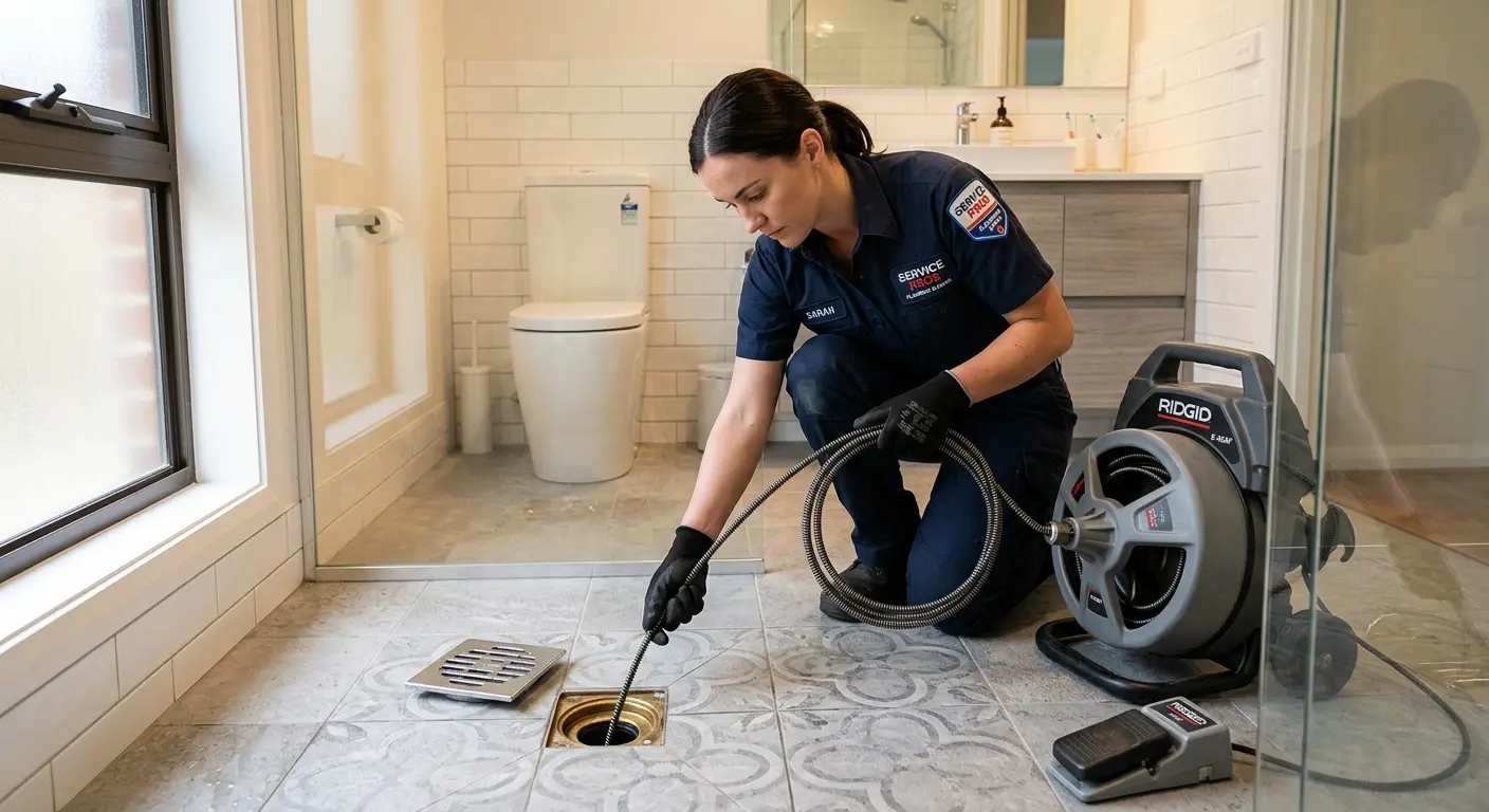 Technician clearing a bathroom floor drain for Drain Repair in South Hill